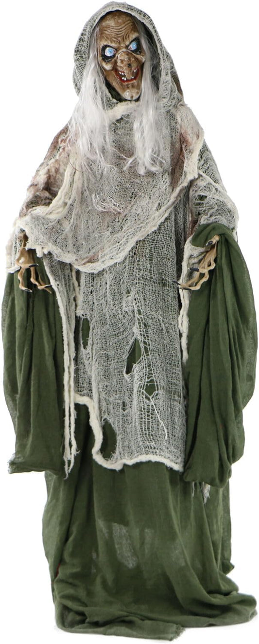 Haunted Hill Farm Life-Size Scary Talking Witch, Animatronic with Touch Activated Lights and Sound, Battery Operated Indoor or Covered Outdoor Decoration, Creepy Halloween Prop