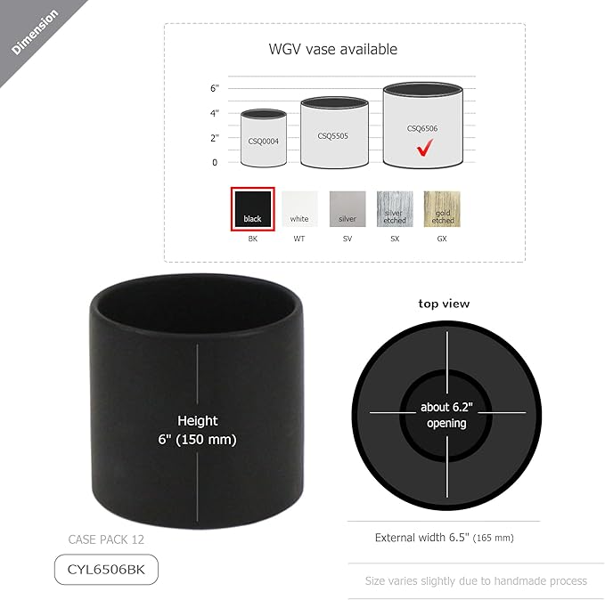 WGVI Matte Black Ceramic Cylinder Vase Width 6.5" Height 6", Flower Arrangements, Candle Holder, Terrarium Planter Pot, Storage Container Organizer, Pen Brush Holder, Table top Decor, 1 Piece