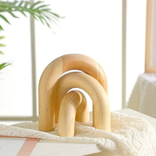 Qunclay 3 Pcs Wood Arch Decorative Objects Coffee Table Decor Modern Bookshelf Boho Home Decor for Shelves Mantel, Aesthetic Shelf Accent for Living Room Entryway(Wood Color)