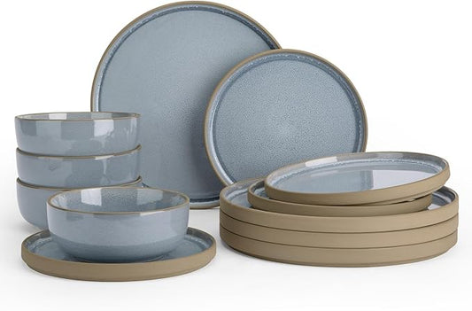 Famiware Nature Plates and Bowls Sets, 12 Pieces Stoneware Dinnerware Sets, Dishes Set for 4, Dishware Sets, Microwave and Dishwasher Safe, Light Blue