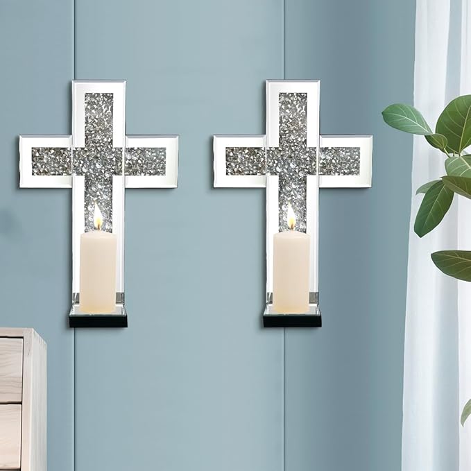 Crystal Crush Diamond Mirrored Candle Sconces, Silver Wall Candle Holder Set of 2, Wall Decoration for Living Room，Dining Room (Silver Cross)