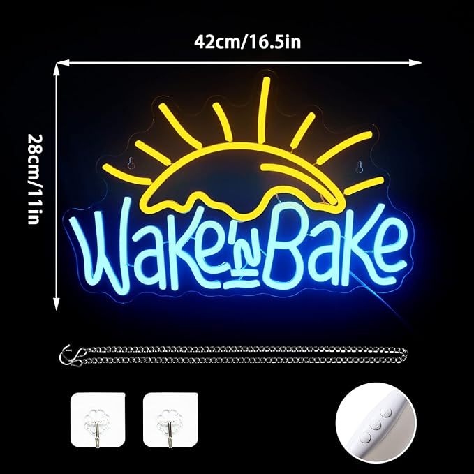 NOSUN Wake in Bake Neon Sign Coffee Bar Neon Signs for Wall Decor with Dimmable Yellow Blue LED Neon Sign Sun Neon Lights Sign for Bedroom Home Kitchen Restaurant Shops Cafes Dessert House Party