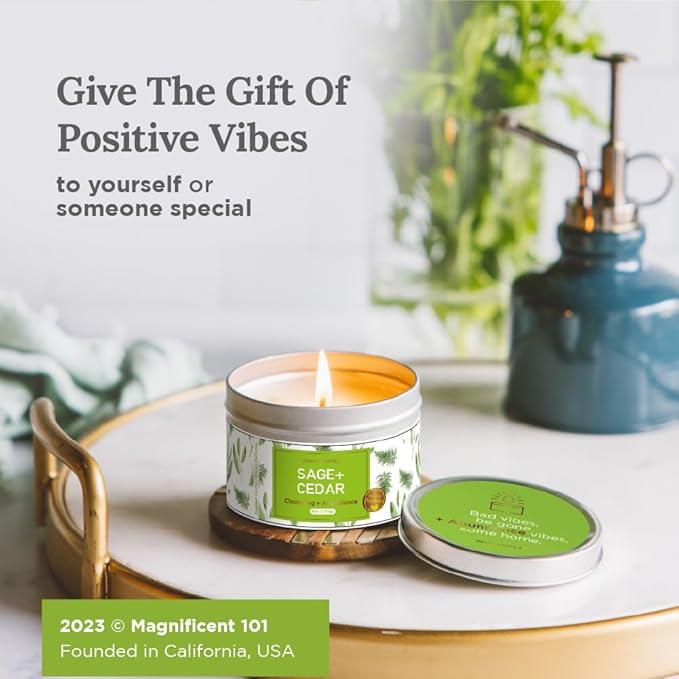 Magnificent 101 Long Lasting Sage + Cedar Smudge Candle | 6 Oz - 35 Hour Burn | Soy Wax Candle for Energy Cleansing & Manifestation | Let Abundance Flow Like an Endless River