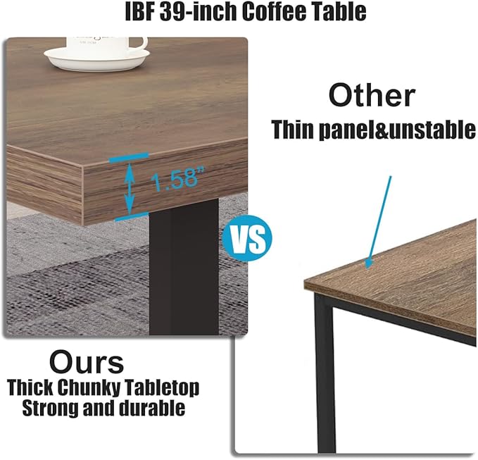IBF Farmhouse Coffee Table, Modern Simple Wood Coffee Tables for Living Room, Industrial Minimalist Rectangle Center Table, Wood and Metal Tea Coffee Table for Home Office Bedroom, Rustic Oak, 39 in