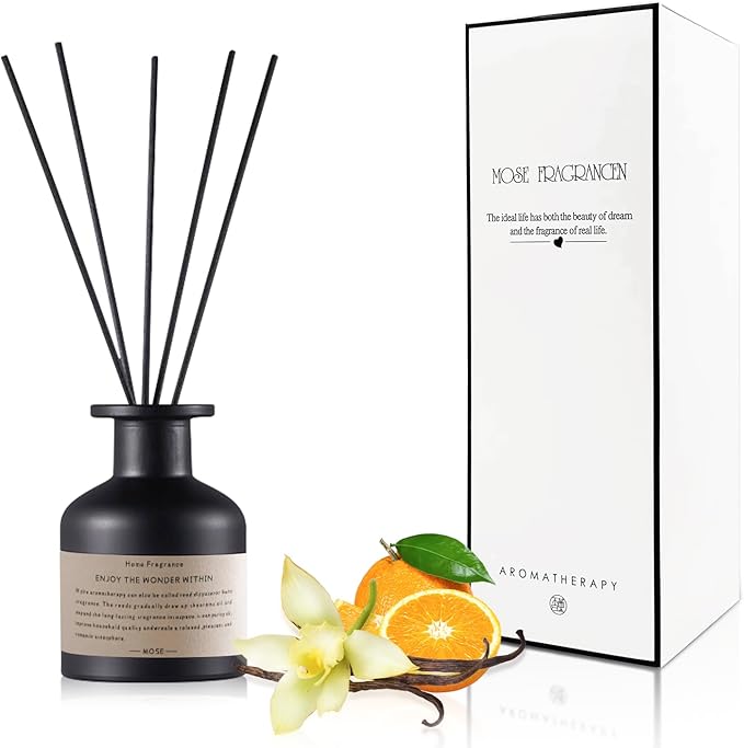 Reed Diffuser Set,4.1 oz Vanilla Citrus Scented Oil Diffuser with 5 Reed Sticks,Home Fragrance Reed Diffuser for Bathroom Bedroom Office Shelf Decor & Air Fresheners