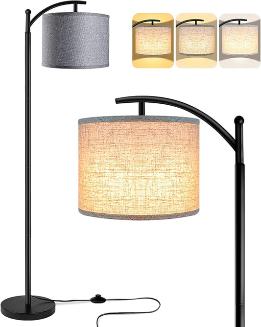 ROTTOGOON Floor Lamp with 3CCT LED Bulb, Gray Linen Lamp Shade for Living Room, Modern Standing Lamp for Bedrooms - Black