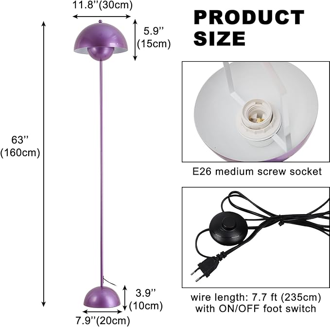 COSYLUX Modern Floor Lamp for Living Room, Industrial Tall Standing Lamp for Bedroom, Metal Shade Reflecting Light Reading Floor Lamp for Office, Nursery Room, Corner(Pearl Purple)