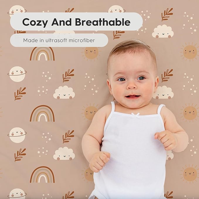 Horaldaily 2 Pack Fitted Crib Sheet for Boys Girls,Soft Breathable Washable Jersey Microfiber Baby Crib Sheet, Fits Standard Size Crib Mattress 28in x 52in, Animals Leaves Nursery Sheet Beige/Orange