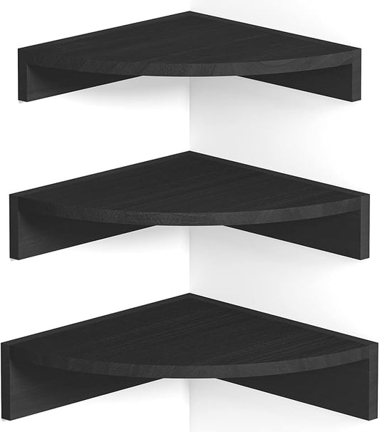 Alsonerbay Black Corner Shelf Wall Mount, Set of 3 Floating Shelves for Wall Storage and Display, Rustic Wood Shelves for Bedroom, Living Room, Bathroom, Entryway, Garage