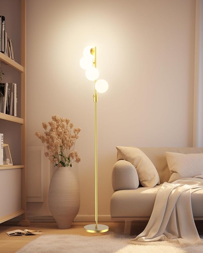 64IN Dimmable Gold Floor Lamp, Tall Standing Lamps with 4 Globe Soft Warm White Eye Care 3000K G9 Bulbs, Mid Century Modern Floor Lamp for Bedroom Office