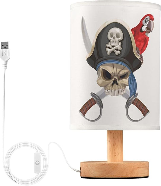 Table Lamp Pirate Skull with Sword Red Parrot Nightstand Lamp with Wood Base Fabric Lamp Shade Bedside Desk Lamp for Living Room Bedroom Kids Room Office