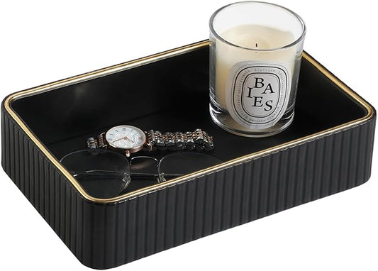 Desk Organizer Tray, PU Leather Valet Tray Nightstand Organizer Cologne Perfume Tray for Men Women, Decorative Vanity Tray Key Bowl Trinket Dish Bathroom Bedroom Accessories (Black)