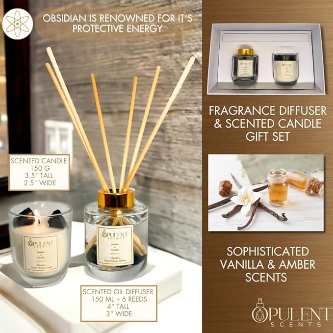 Crystal Candle & Diffuser Set with Obsidian – Amber & Vanilla Aroma by Opulent Scents | 100% Natural Soy Wax & Oils | Healing & Protection Gift for Home
