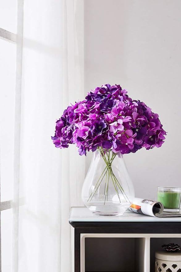 Artificial Hydrangea Flower Heads 10 Dark Purple Hydrangea Silk Flowers Head for Wedding Centerpieces Bouquets DIY Floral Decor Home Decoration with Long Stems