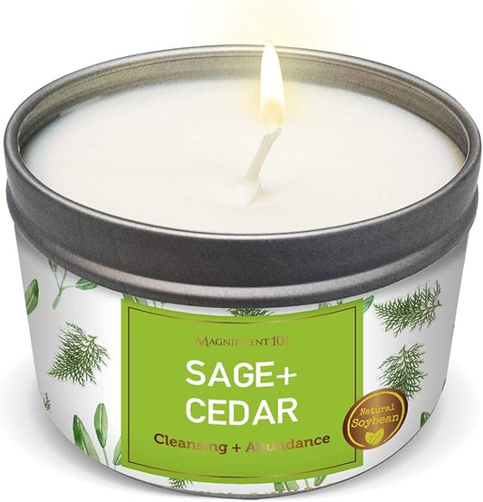 Magnificent 101 Long Lasting Sage + Cedar Smudge Candle | 6 Oz - 35 Hour Burn | Soy Wax Candle for Energy Cleansing & Manifestation | Let Abundance Flow Like an Endless River