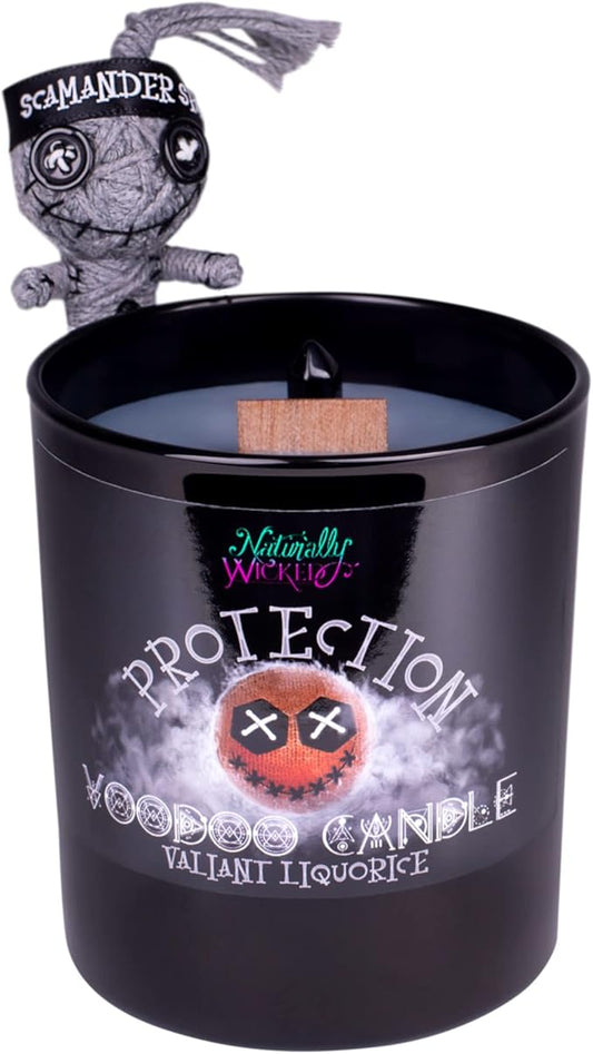 Naturally Wicked Voodoo Protection Candle Set - Inc. Voodoo Doll, Crystal, Wood Wick, Valiant Liquorice Scent & Gift Box