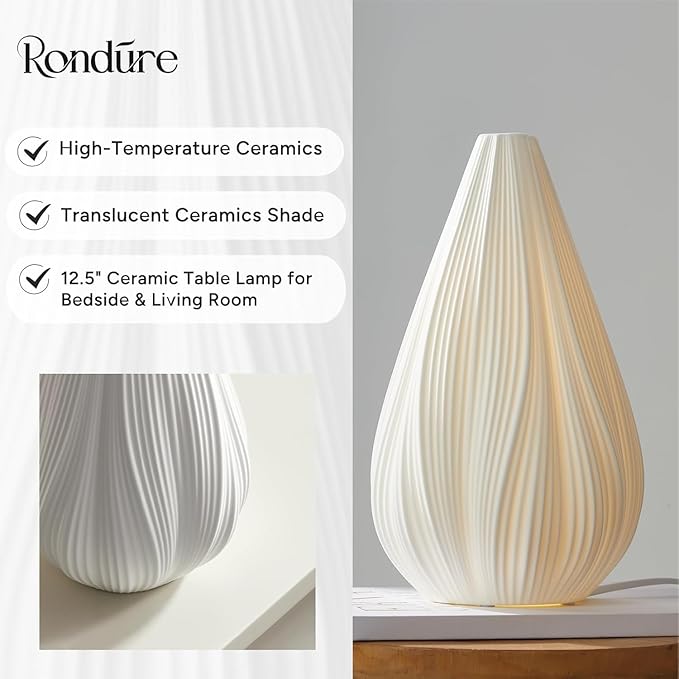 RONDURE 12.5" Modern Table Lamp, Modern Bedside Lamps for Bedroom, Living Room and Nightstand, White Translucent Ceramic Shade, Warm Ambient Lighting, Home Decor