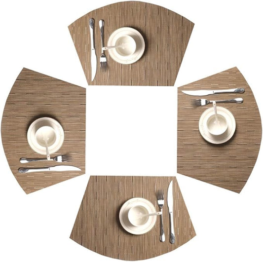 SHACOS Round Table Placemats Set of 4 Wedge Shape Woven Vinyl Place Mats Heat Resistant Wipe Clean Round Table Mats Home Table Decor (4, Tan)