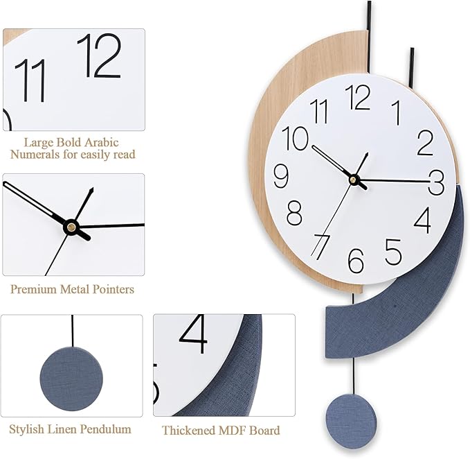 Decorative Silent Quartz Wall Clock with Pendulum, Battery Operated, Large for Living Room, Kitchen, Home, Bathroom, Bedroom - 11.5x22.5 Inch