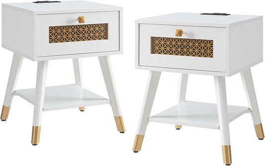 Mid Century Modern End Table Set of 2, Side Table with Charging Station - Small Nightstand with USB Ports & Outlets, Storage Drawer & Open Shelf, White Wood Furniture for Living Room, Bedroom, Office
