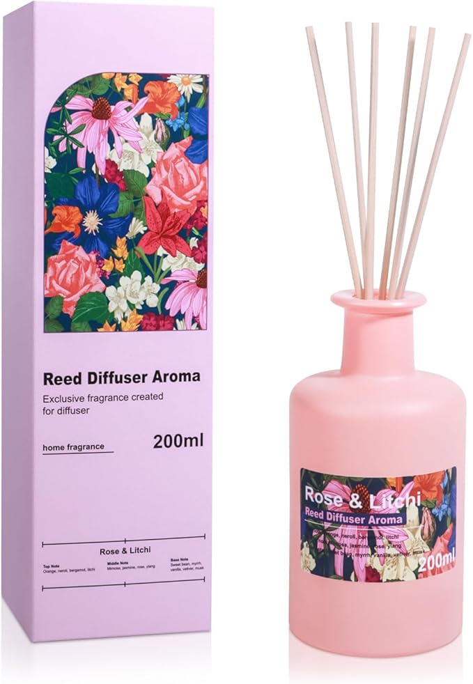 Reed Diffuser Set - Rose & Litchi Essential Oil, 6.8fl oz/200ml Sweet Floral Aroma Scented Oil, Large Capacity Color Bottle, Home Aromatherapy for Bedroom Bathroom Office Shelf Decor