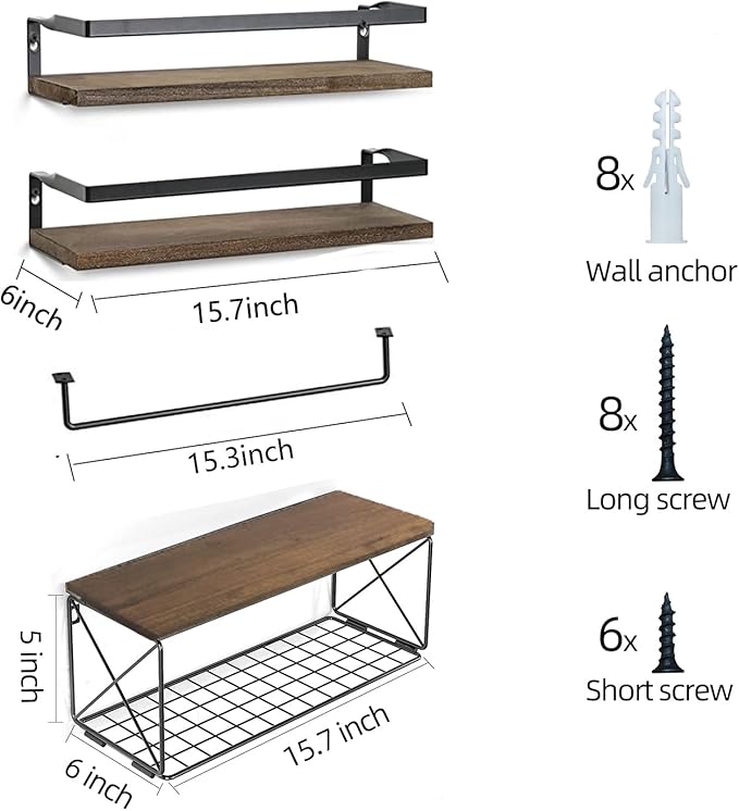 Floating Shelves Wall Mounted, Rustic Wood Bathroom Shelves Over Toilet with Paper Storage Basket, Wall Shelves for Wall Decor, Bedroom, Living Room, Kitchen and Washroom