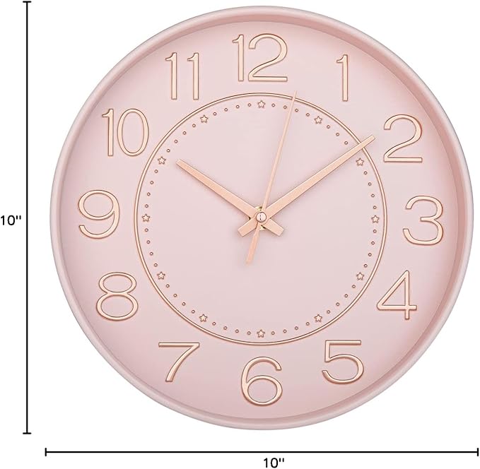 HZDHCLH 10 inch Small Wall Clocks Battery Operated,Silent No Ticking Clock for Wall,Modern Quartz Wall Clock for Living Room Bedroom Kitchen Office School Classroom Decor (Pink& Rosegold)
