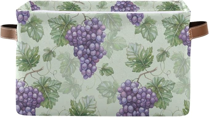 Grapes Purple Rustic Storage Basket Fabric Storage Bin Laundry Baskets Green Leaves Fruits Foldable Storage Boxes Organizer Bag for Cloth Dog Toy Book Storage Cubes Shelf Closet Basket 16×12×8 Inches