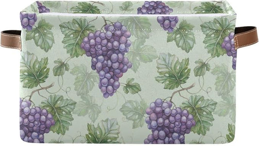 Grapes Purple Rustic Storage Basket Fabric Storage Bin Laundry Baskets Green Leaves Fruits Foldable Storage Boxes Organizer Bag for Cloth Dog Toy Book Storage Cubes Shelf Closet Basket 16×12×8 Inches