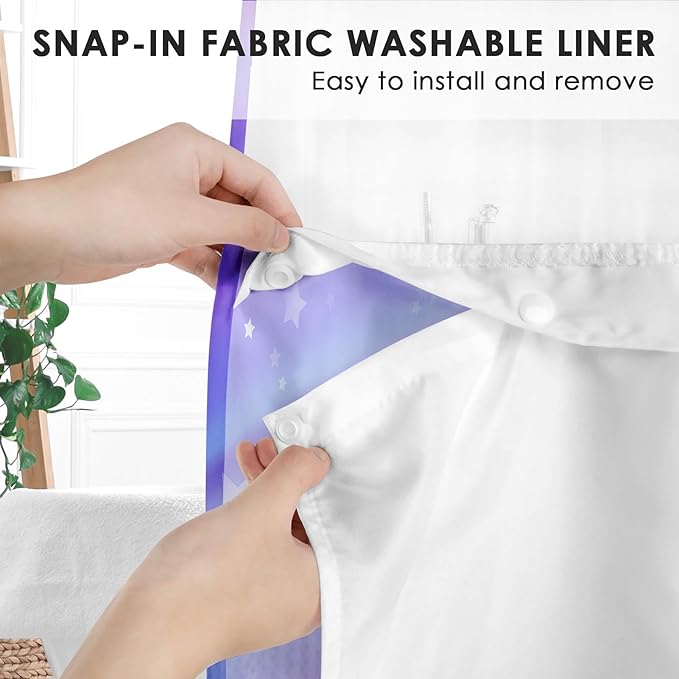 Rainbow Purple Unicorn No Hook Shower Curtain with Snap in Liner, Princess Horse Cute Bath Curtain with Double Layers Waterproof Fabric and Mesh Top Window 71x74 Inch