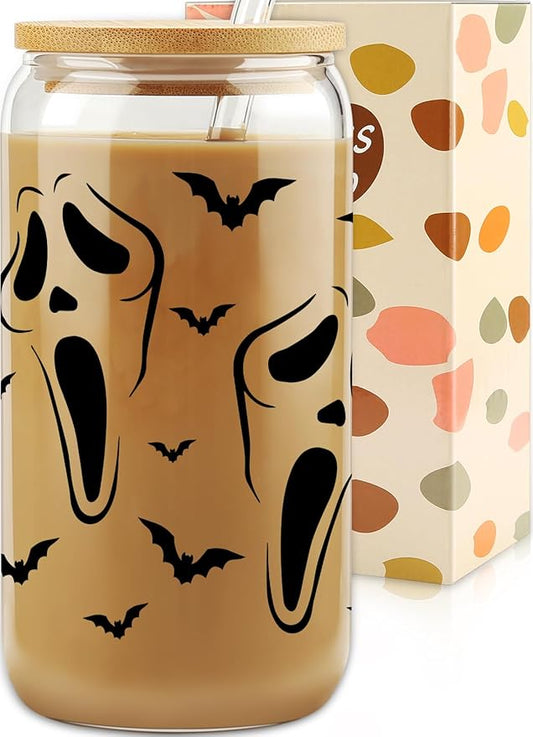 Gifts for Her, Halloween Friend Gifts, Fall Gifts, Halloween Coworker Ghost Bats Can Cup, Halloween Cup Gift for Family, Iced Coffee Cup, Spooky Season Mug, 16 Oz Glass Cup with Bamboo Lid & Straw