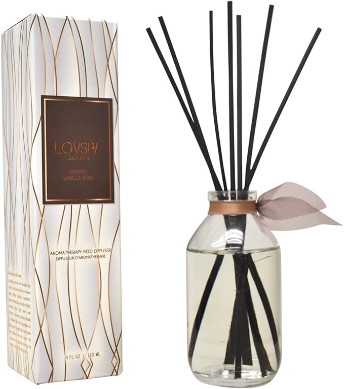 LOVSPA Smoked Vanilla Bean Reed Diffuser Set - Scented Stick Room Freshener Warm, Sultry Blend of Smoked Tahitian Vanilla, Sandalwood, Leather & Southern Bourbon - Made in The USA
