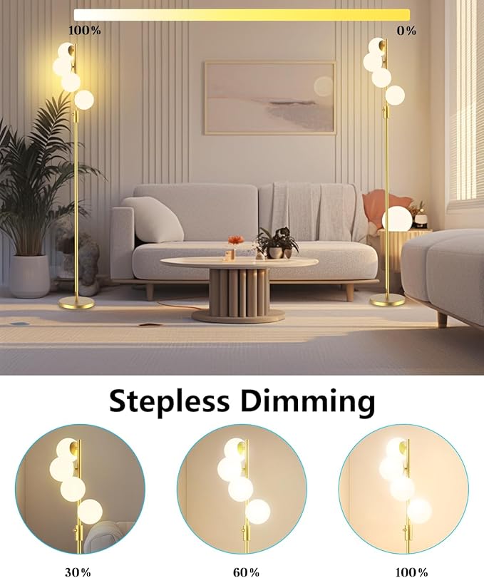 64IN Dimmable Gold Floor Lamp, Tall Standing Lamps with 4 Globe Soft Warm White Eye Care 3000K G9 Bulbs, Mid Century Modern Floor Lamp for Bedroom Office
