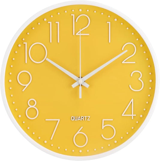 Wall Clock Non-Ticking Silent Modern Simple Style Round Decor Clock Stereoscopic Dial Quartz Wall Clocks for Home/Office/School/Living Room/Bedroom/Kitchen (Yellow, 8inch)