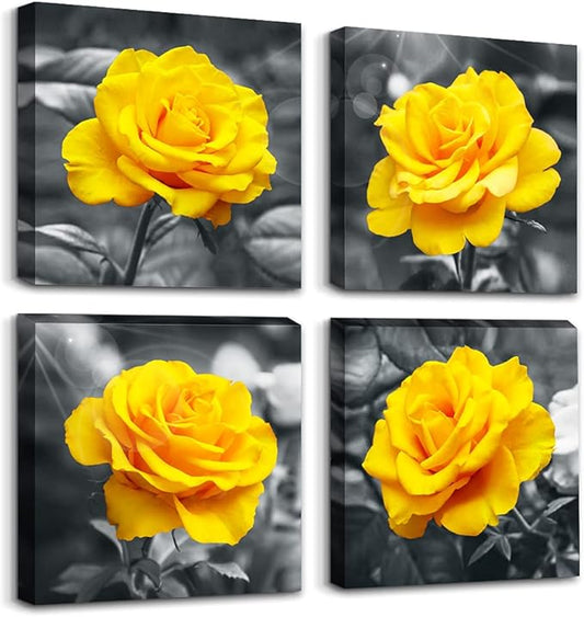 Canvas Wall Art For Living Room Family Wall Decor For Bedroom Modern Kitchen Wall Decorations Black And White Wall Pictures Artwork Yellow Rose Flowers Canvas Art Prints Large Size Home Decor 4 Piece