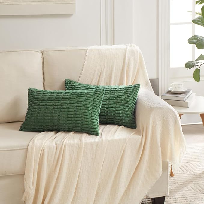 Fancy Homi 4 Packs Green Decorative Throw Pillow Covers 14x24 Inch for Living Room Couch Bed, Holiday Christmas Home Decor Gift, Soft Plush Corduroy Cute Square Accent Cushion Case 35x60 cm