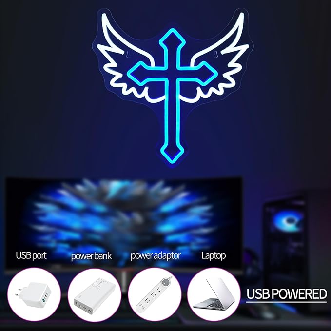 Cross Wings Neon Signs for Wall Decor White Blue LED Light Sign for Preppy Room Decor Light Up Sign for Birthday Party Decoration USB Powered