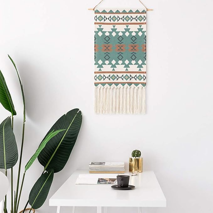 Dremisland Macrame Woven Wall Hanging Tapestry- Boho Chic Bohemian Home Decor Geometric Art Decor Boho Backdrop - Beautiful Apartment Dorm Room Door Decoration, 17.7" W x 32" L (Green Geometric)