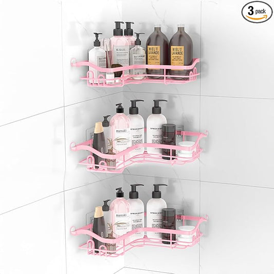 Pink Corner Adhesive Shower Caddy，Rustproof Stainless Steel Corner Shower Shelves for Bathroom Kitchen, No Drilling Wall Mounted Shower Rack for Inside Shower, 3 Pack