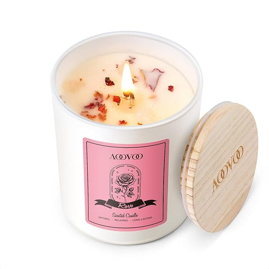 AOOVOO Rose Scented Candles for Women - Aromatherapy Candle with Crystals Inside, 7oz Soy Candles for Home Scented, Christmas Birthday Gifts Mothers Day Candle for Women Mom