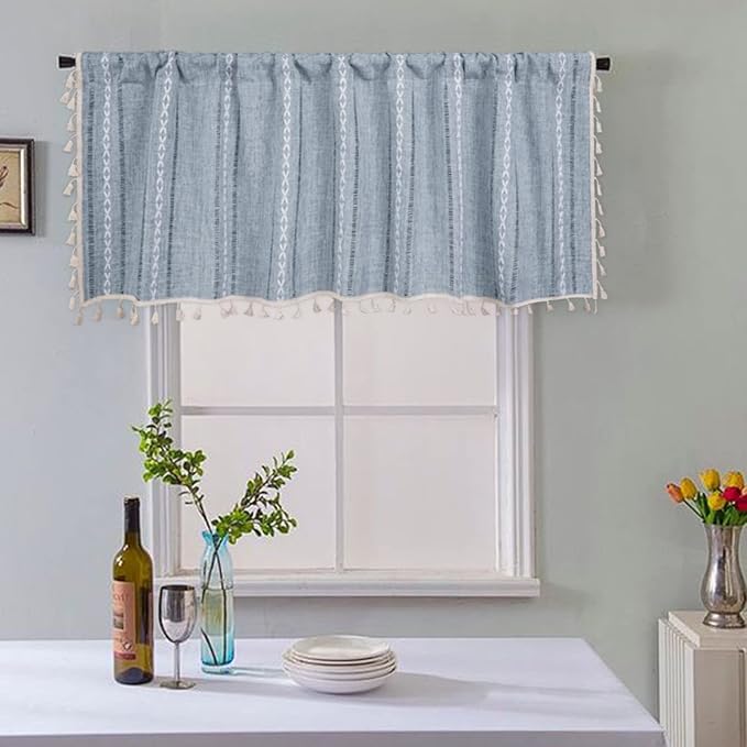 ColorBird Kitchen Short Curtains，52 x 18 inch Blue Striped Valance Curtains Light Filtering Tier Curtains, 1 Panel Embroidered Kitchen Window Curtains Over Sink for Laundry Room RV Camper
