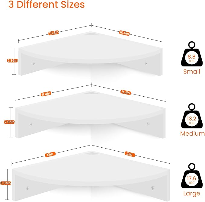 Homode Floating Corner Shelves, Set of 3 Wood Corner Wall Shelves with Wire Hole, 12 Inch Deep Hanging Corner Display Shelf for Living Room, Kitchen, Bedroom, White