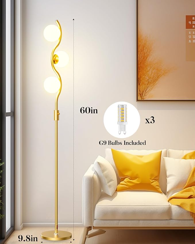 60IN Dimmable (Brightness Adjustable) Gold Floor Lamp, Modern Standing Lamps with 3 Globe Soft Warm White 3000K Bulbs, Mid Century Floor Lamp for Living Room Bedroom Home Decor