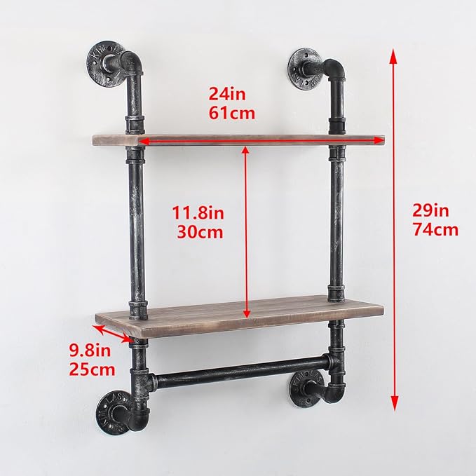 Industrial Pipe Shelving,Iron Pipe Shelves Bathroom Shelves with Towel bar,24in Rustic Metal Pipe Floating Pipe Wall Shelf,2 Tier Industrial Wall Mounted,Retro Brown