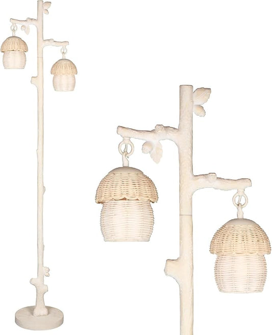 Rattan Floor Lamp with Faux Wood Finish, Boho Floor Lamps with Faux Pinecone and Leaves Decor, Beige