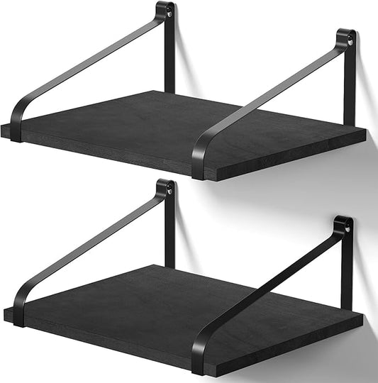 Love-KANKEI Floating Shelves Wall Mount Rustic Wood Wall Shelves with Large Storage L16.5 x W12 inch for Kitchen Living Room Bathroom Bedroom Set of 2 Black