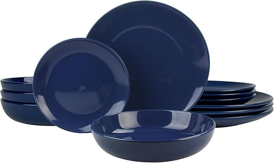 10 Strawberry Street 12 Piece Coupe Stoneware Dinnerware Set with Dinner Bowl, Service for 4, Cobalt Blue