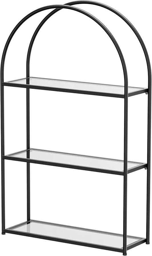 Crofy Black Arched Frame Wall Shelf, Decorative 3 Tier Bathroom Wall Shelf with Transparent Tempered Glass Shelves and Robust Storage Capacity, 6" D x 17.9" W x 28.57" H