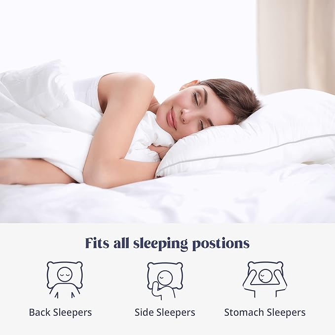 puredown® Goose Feathers Bed Pillows, 100% Cotton Cover, Queen Size Hotel Collection Pillows Set of 2 for Sleeping with Silver Piping, Feather and Polyester Filling