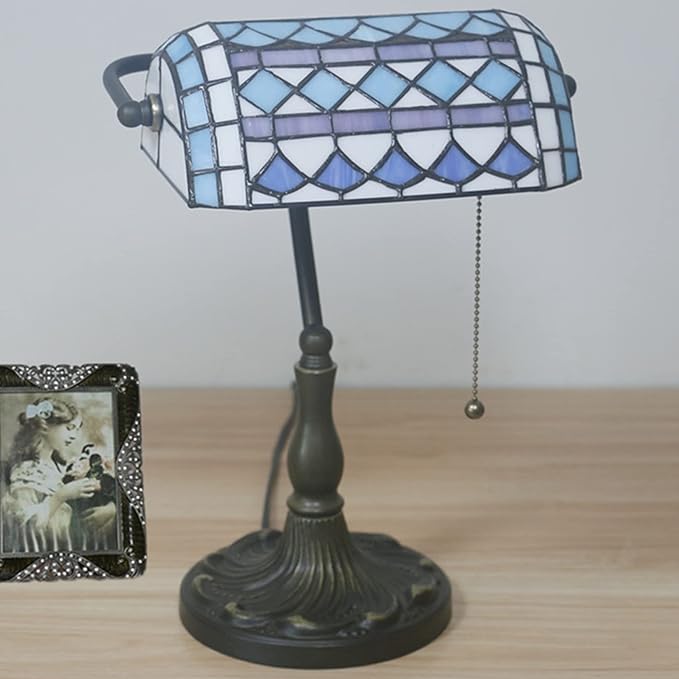 Tiffany Style Bankers Table Lamp Stained Glass Piano Desk Lamp Vintage Bedroom Bedside Lamp for Study,Antique Alloy Base,Zipper Switch,Blue Mediterranean